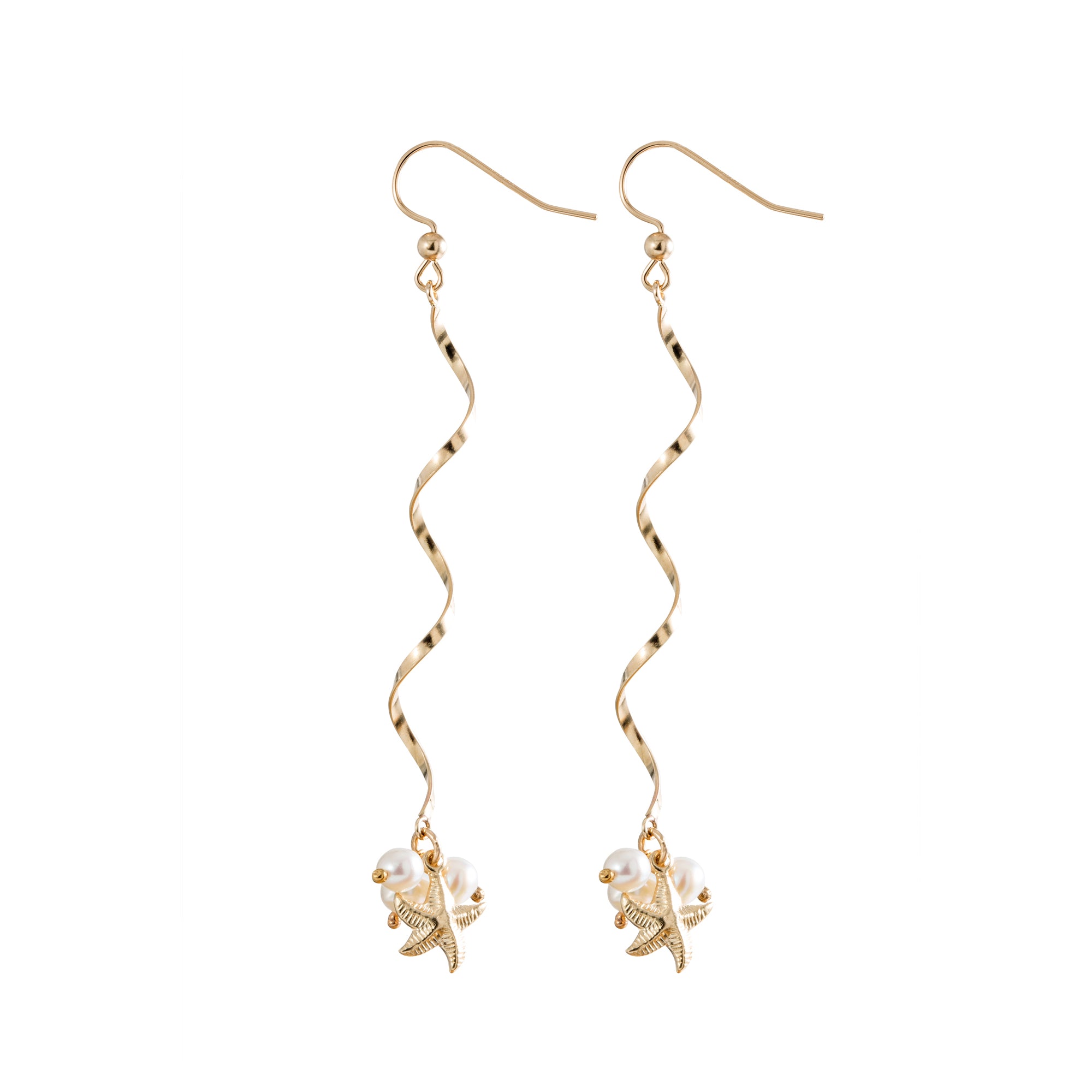 Long Spiral Pearl Earrings in Gold