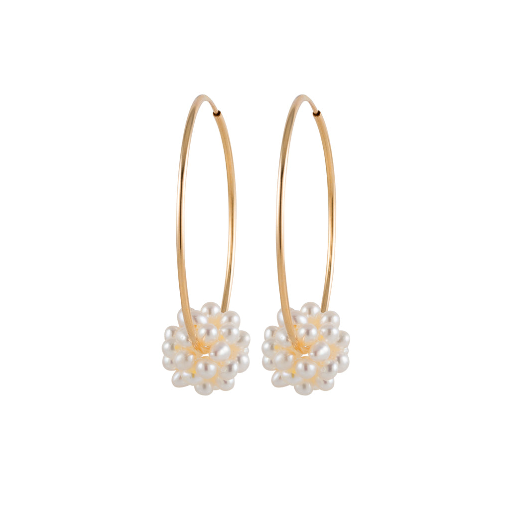 Endless Gold Hoop Earrings with a Cluster of Pearls