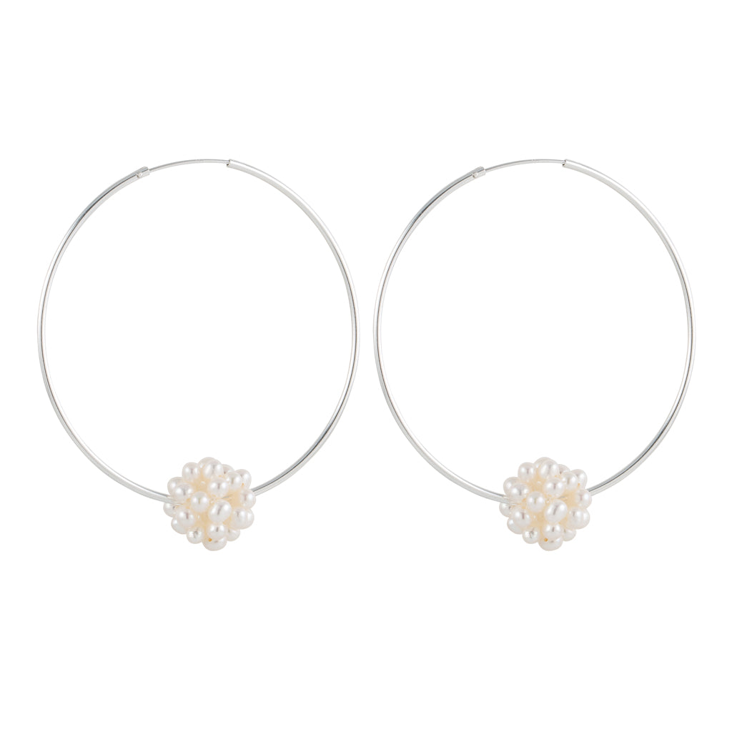 Endless Silver Hoop Earrings with a Cluster of Pearls