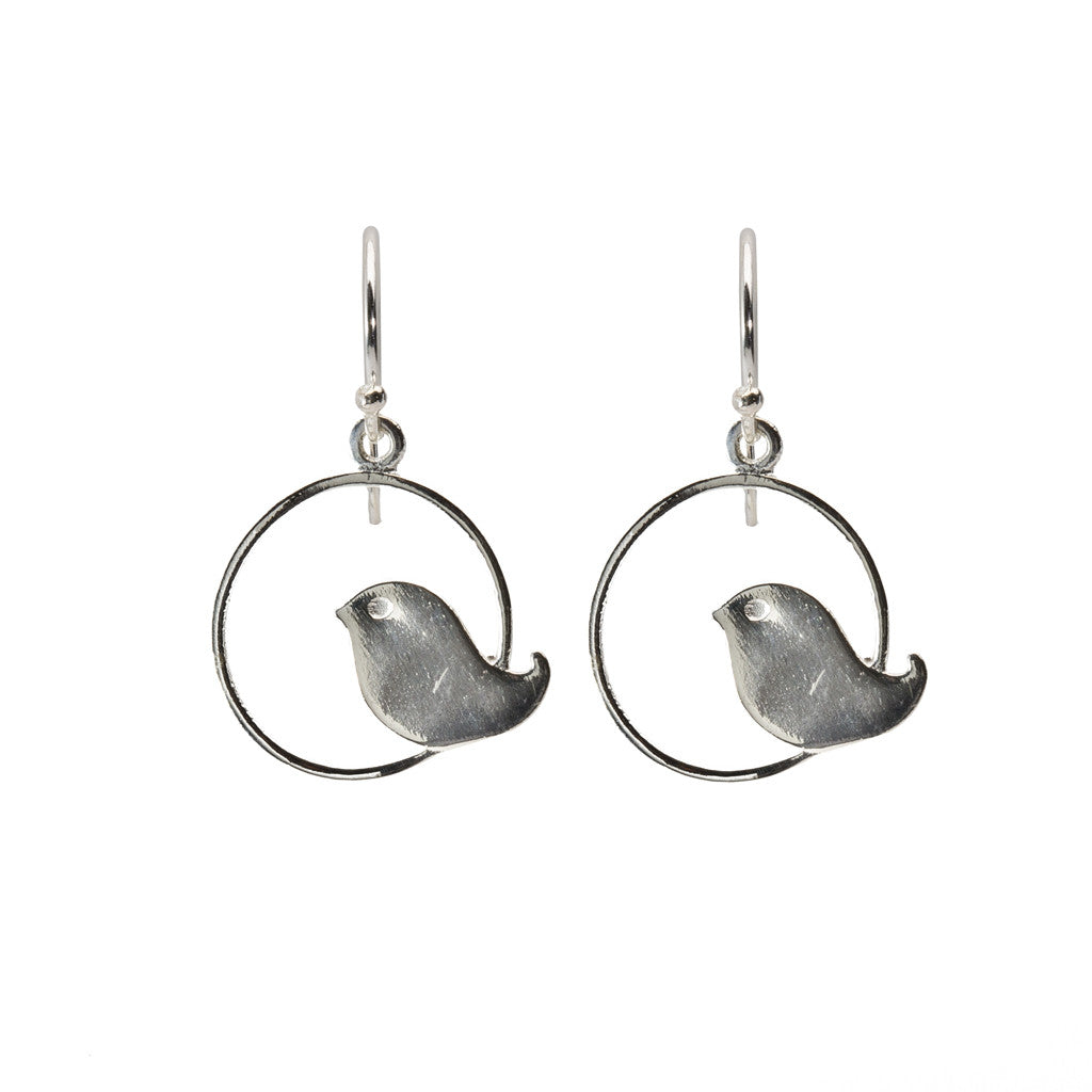 Silver Circle Bird Earrings