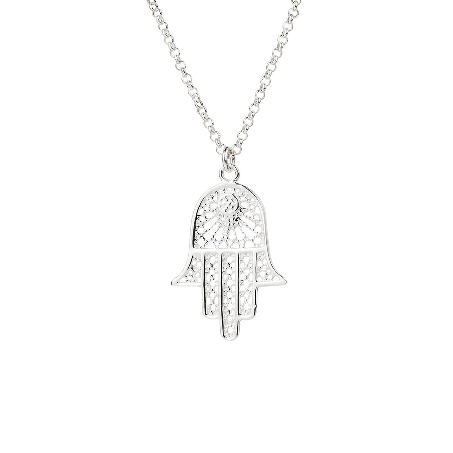 Long Silver Necklace with Hamsa Hand