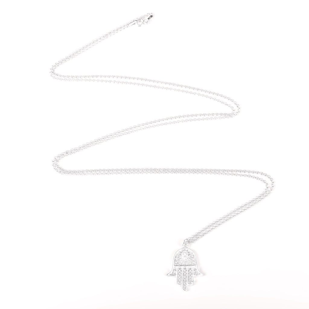 Long Silver Necklace with Hamsa Hand