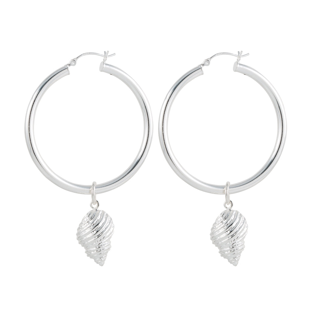 Large Silver Hoops with Sea Shell