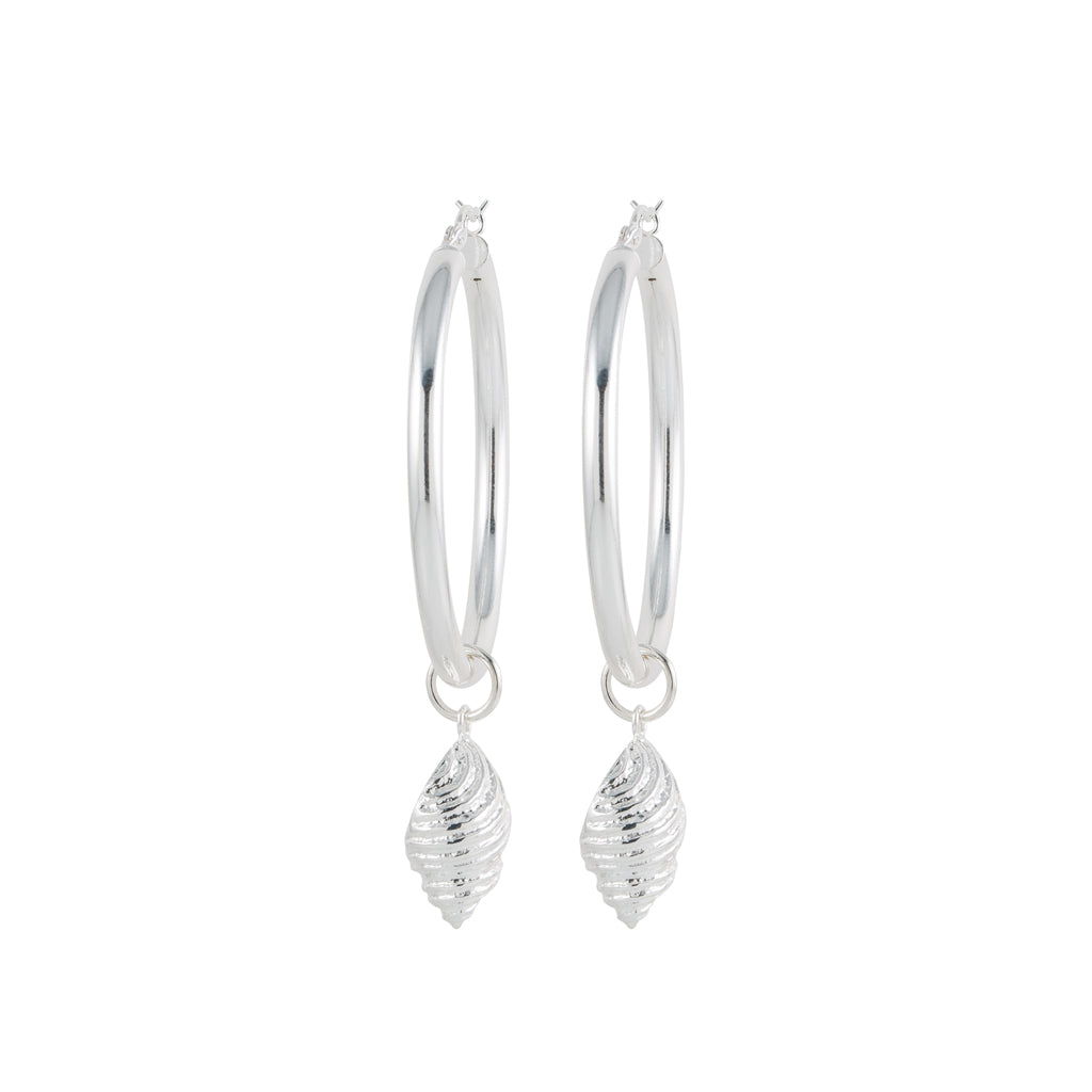 Large Silver Hoops with Sea Shell