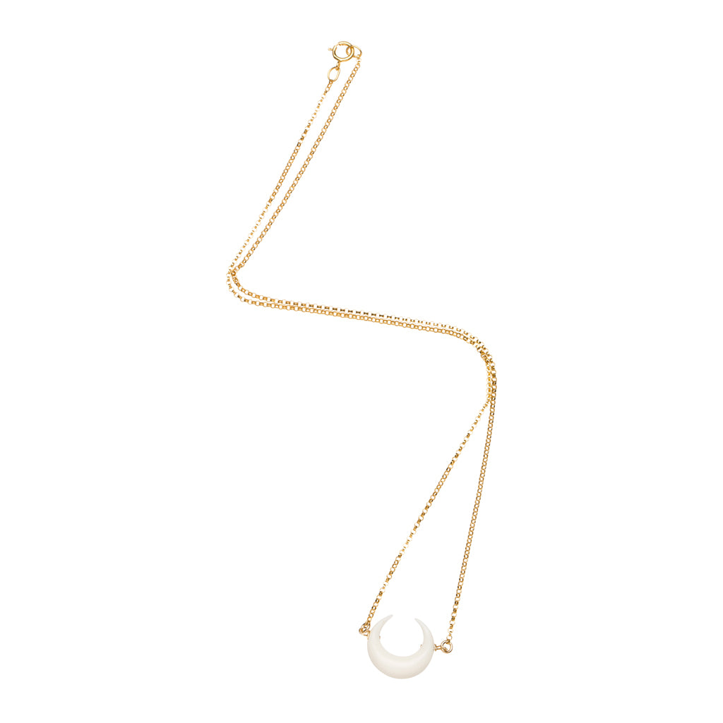 Small White Wire Wrap Crescent Moon Necklace in Gold