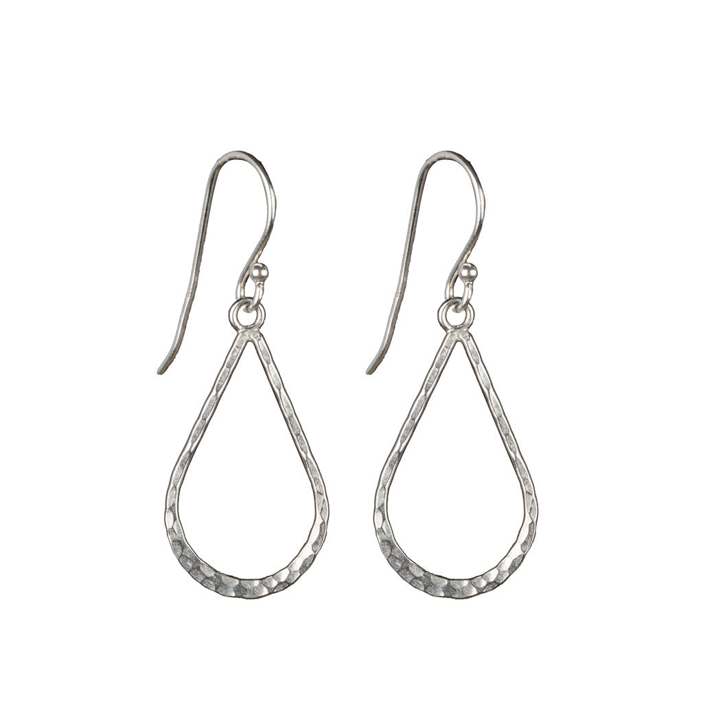 Large Hammered Teardrop Hoop Earrings in Silver